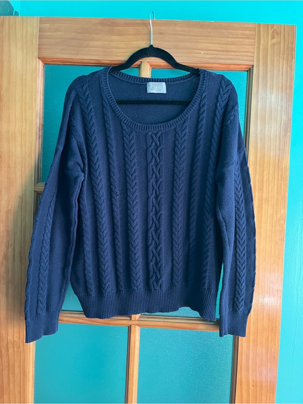 Cyrus Navy Cable Knit Scoop Neck Sweater